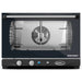 Eurodib Unox XAFT113 Stefania countertop convection oven with humidity, black glass door showing fan and racks, front view