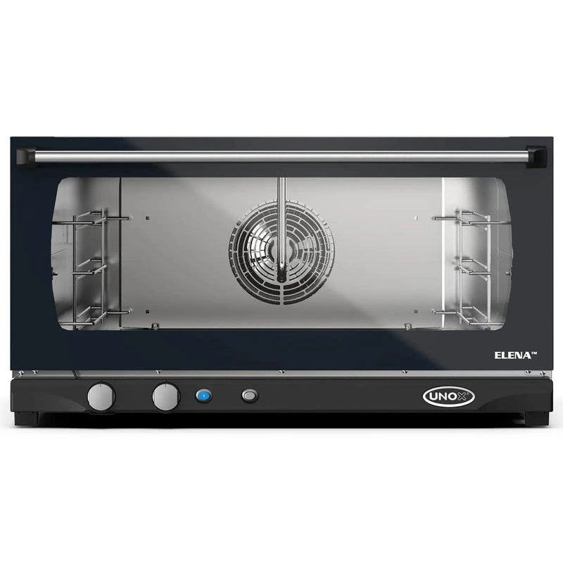 Eurodib Unox XAFT183 Elena countertop convection oven with humidity, black glass door showing fan and racks, front view