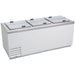 Excellence HFF-12HC 33 tub ice cream dipping freezer, long white cabinet with stainless steel flip top lids, angled view