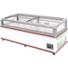 Excellence SM-6 Deluxe 74-inch display chest freezer, white body with red trim and sliding glass lids, angled view