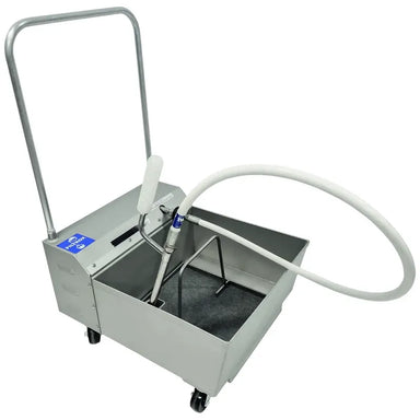 Filtrox LS-3-60 mobile fryer oil filter with anodized aluminum filter pan, removable handle, white return hose and casters, front angled view