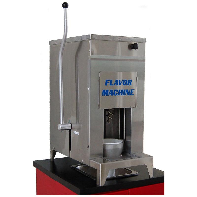 Flavor Machine FM24 frozen yogurt and ice cream blender in stainless steel with side actuating handle, mixing cup, auger and countertop rinse sink, front angled view