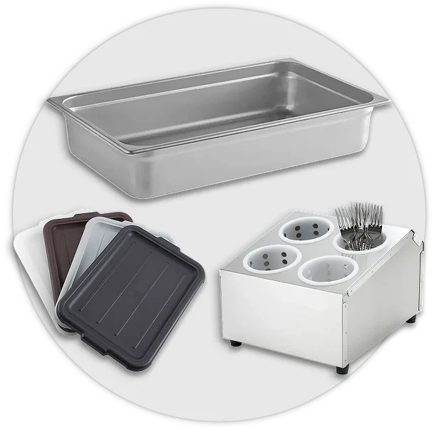 Steam table pans, plastic food pans, food containers, and ingredient bins.