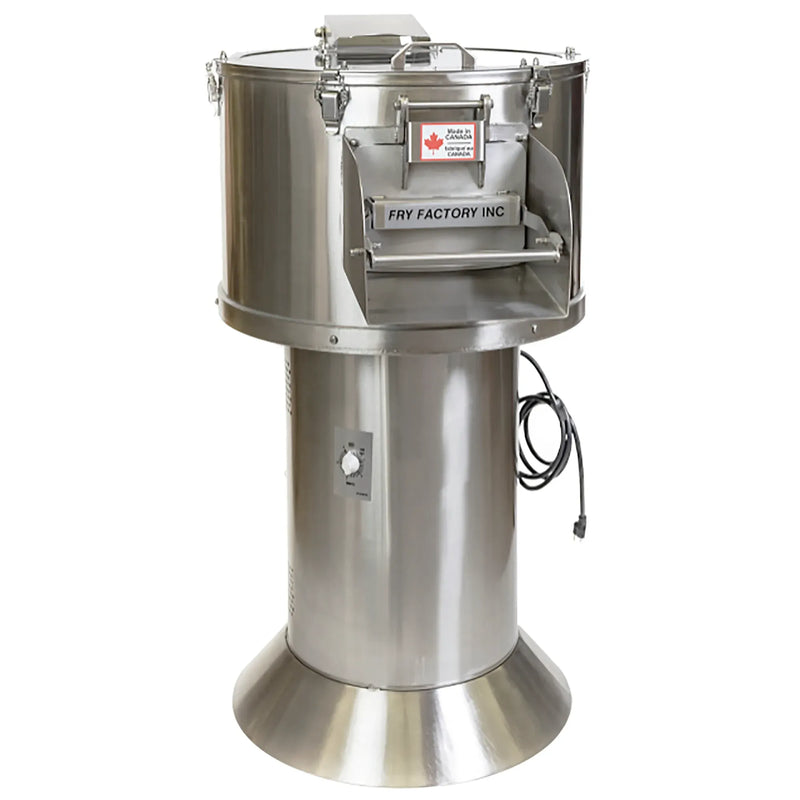 Fry Factory GC-25/56 electric 56 lb potato peeler with stainless steel drum and pedestal base, front view