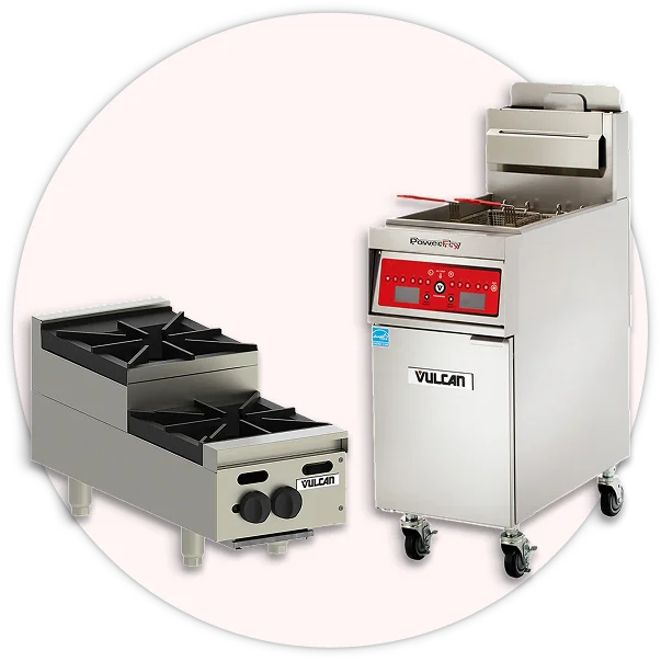 Commercial deep fryers, gas griddles, charbroilers, and countertop induction cookers.