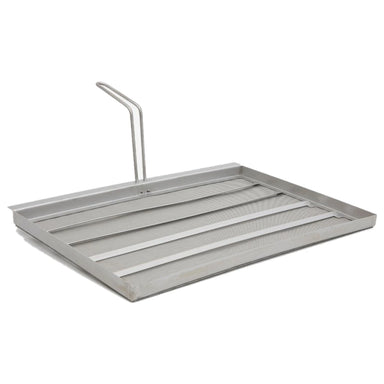 Frymate ATFS75 19 3/8" x 13 3/4" stainless steel deep fryer filter for Atosa ATFS-75 fryers, 550 micron mesh tray with upright lift handle, angled view