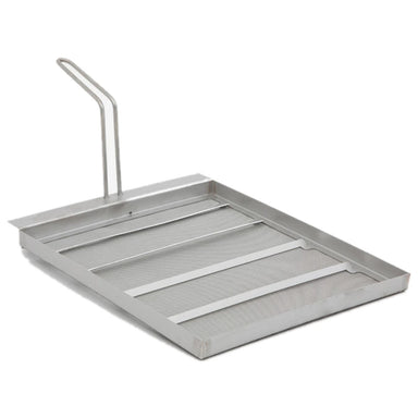 Frymate SG14 13 1/2" x 14" stainless steel deep fryer filter for Pitco SG14 fryers, 550 micron mesh tray with upright lift handle, angled view