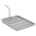 Frymate SG14 13 1/2" x 14" stainless steel deep fryer filter for Pitco SG14 fryers, 550 micron mesh tray with upright lift handle, angled view