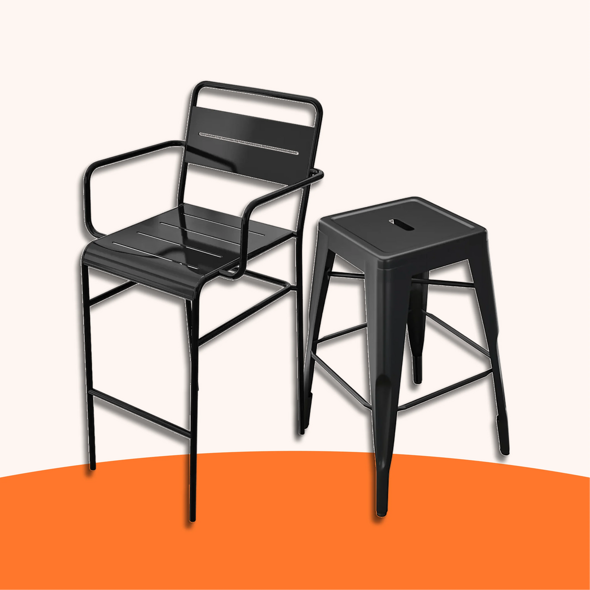 Black metal bar chair with armrests and backless bar stool