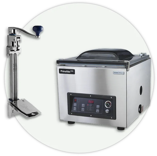 General food preparation tools featuring vacuum packaging machines, can openers, and portioning scales.