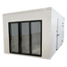 Glass door walk-in refrigerator/freezer with white insulated panels and three glass display doors, angled front view