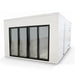Glass door walk-in refrigerator/freezer with white insulated panels and four glass display doors, angled view