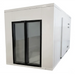 Glass door walk-in refrigerator/freezer in white panels with two black framed glass display doors, angled front view