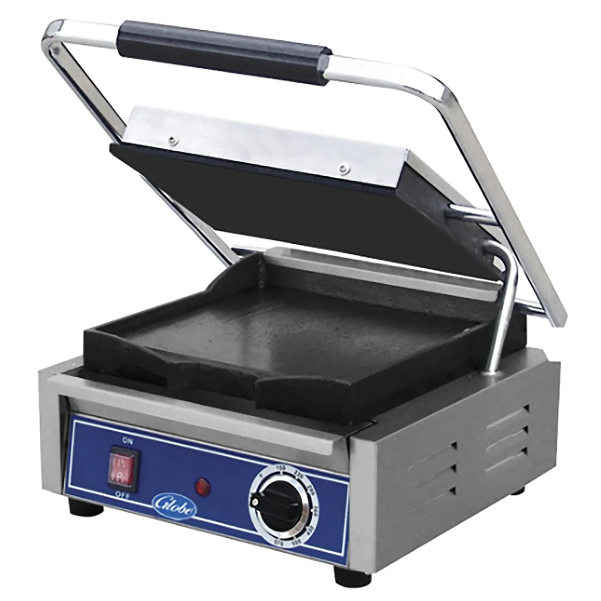 Globe GPG10-C Single 10" x 9.5" Press Panini Grill, 120V - Ribbed or Flat Grill Surface-Phoenix Food Equipment