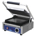Globe GPG10-C single 10 x 9.5 inch press panini grill with lid open showing ribbed top and flat bottom plate