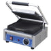 Globe GPG10-C single 10 x 9.5 inch press panini grill in stainless steel with lid open showing ribbed plates