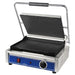 Globe GPG1410-C single 14 x 10 inch press panini grill with lid open showing flat smooth grill plates