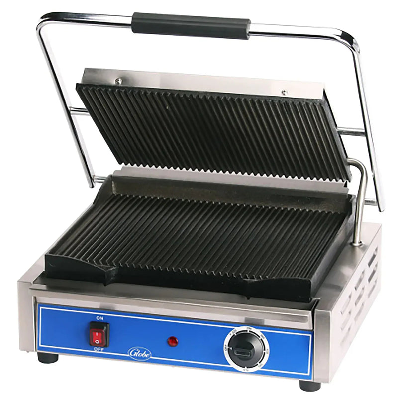 Globe GPG1410-C single 14 x 10 inch press panini grill in stainless steel with lid open showing ribbed plates