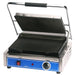 Globe GPG1410-C single 14 x 10 inch press panini grill in stainless steel with lid open showing ribbed plates