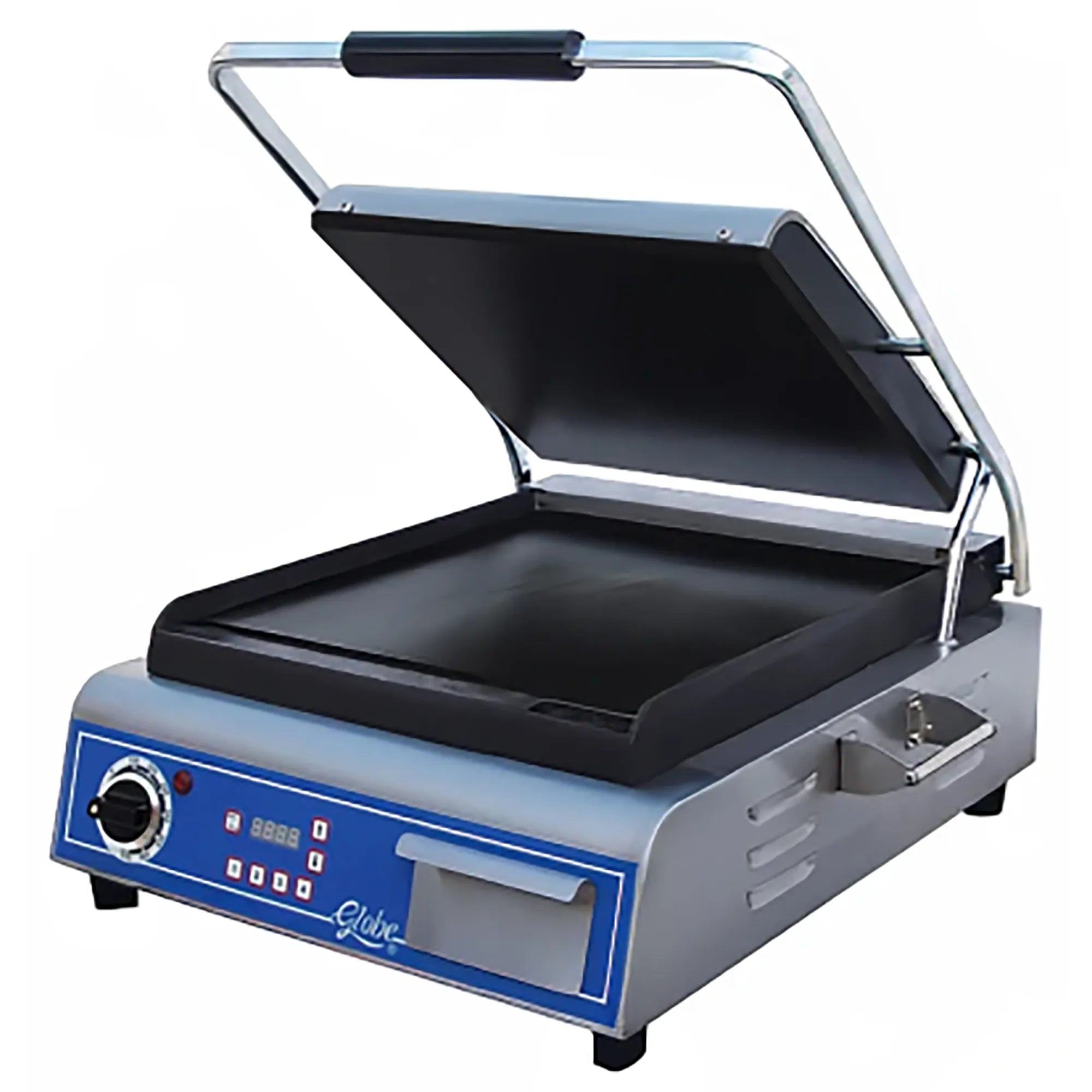Globe GPG14D-C Single 14" x 14" Digital/Programmable Press Panini Grill, 120V - Ribbed or Flat Grill Surface-Phoenix Food Equipment