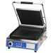 Globe GPG14D-C 14 x 14 inch digital programmable press panini grill with lid open showing ribbed plates