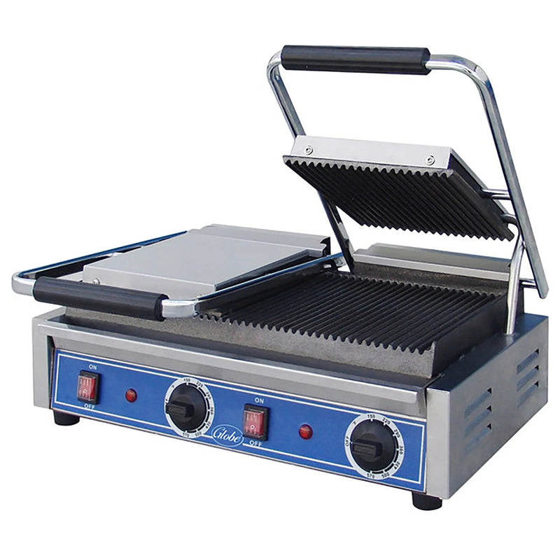 Globe GPGDUE10-C double 18 x 9 inch press panini grill in stainless steel with ribbed plates and one lid open