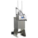 Globe GSCS3-3 3 HP stainless steel cheese shredder with angled discharge chute and rear wheels, side view