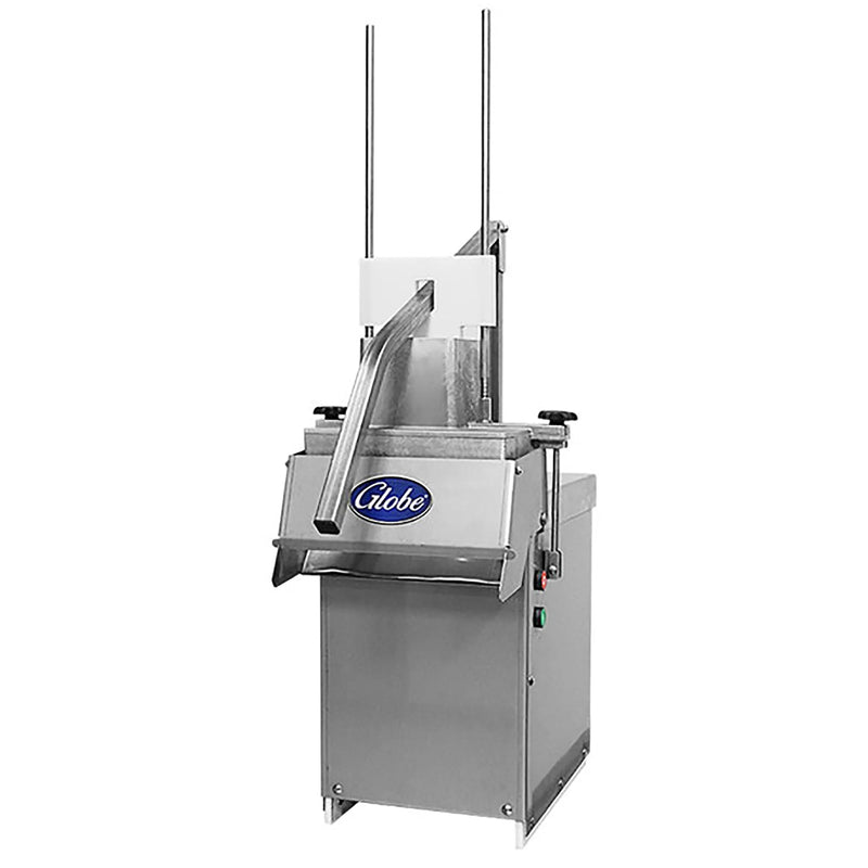 Globe GSCS3-3 3 HP stainless steel cheese shredder with feed hopper and pusher handle, front angled view