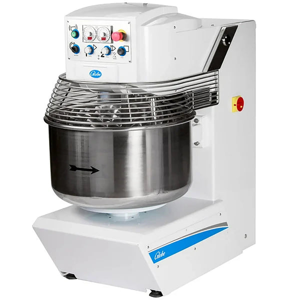 Globe GSM130 106 qt dual speed spiral mixer in white with stainless steel bowl, wire guard and top controls