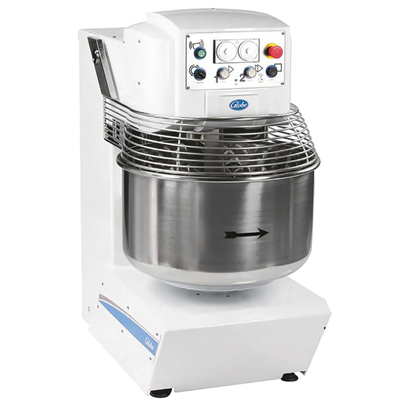 Globe GSM175 142 qt dual speed spiral mixer in white with stainless steel bowl and wire guard, angled view