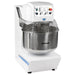 Globe GSM175 142 qt dual speed spiral mixer in white with stainless steel bowl and wire guard, angled view