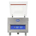 Globe GVP20 stainless steel chamber vacuum packaging machine with lid open and blue digital controls, front view