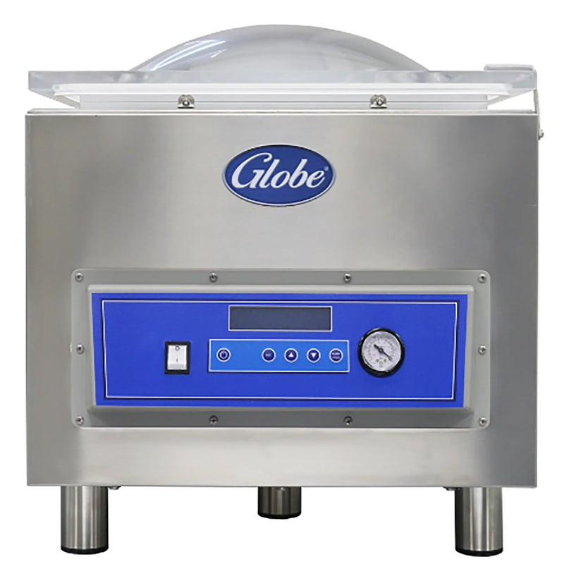 Globe GVP20A advanced stainless steel chamber vacuum packaging machine with domed lid closed and pressure gauge