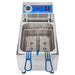 Globe PF10E-C 10 lb electric countertop deep fryer showing two twin fry baskets with blue handles, top front view