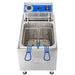 Globe PF16E-C 16 lb electric countertop deep fryer with twin fry baskets and blue handles, top front view