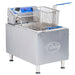 Globe PF16E-C 16 lb electric countertop single well deep fryer in stainless steel with basket hung, angled view