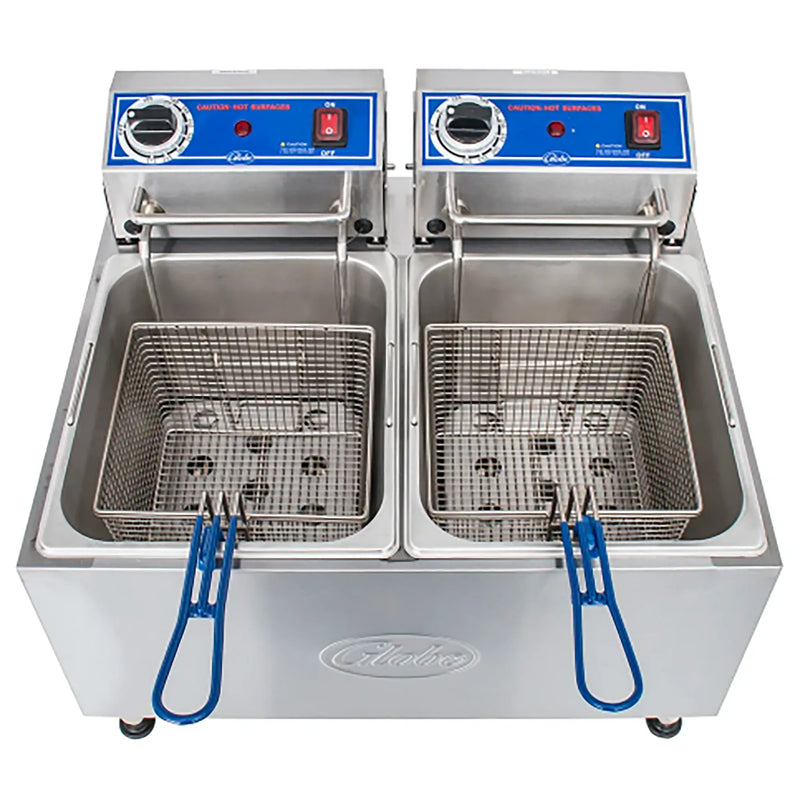 Globe PF32E-C Electric Counter Top Double Well Deep Fryer - 208-240V, 32LBS Total Capacity-Phoenix Food Equipment