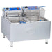 Globe PF32E-C 32 lb electric countertop double well deep fryer in stainless steel with baskets, angled view