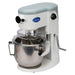 Globe SP05 5 qt white planetary mixer with wire bowl guard and stainless steel bowl, angled right view
