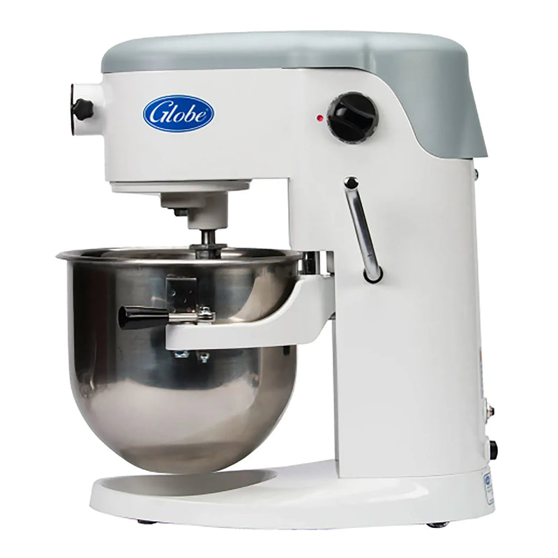 Globe SP05 5 qt white countertop planetary mixer with stainless steel bowl and flat beater, angled left view