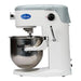 Globe SP05 5 qt white countertop planetary mixer with stainless steel bowl and flat beater, angled left view