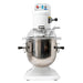 Globe SP08 8 qt white planetary mixer with stainless steel bowl, clear bowl guard and side handles, front view