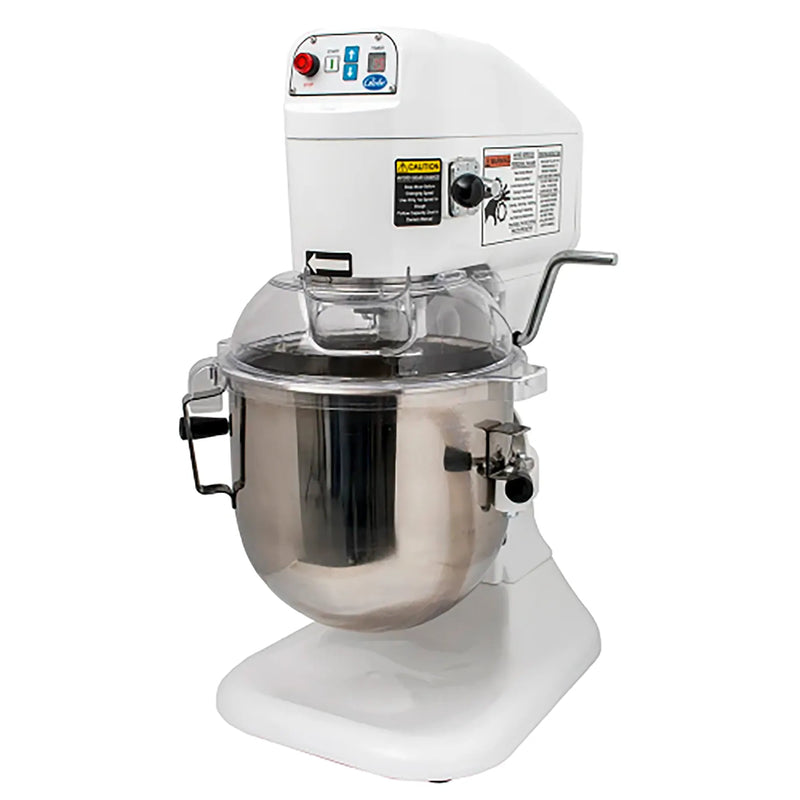 Globe SP08 8 qt white planetary mixer with stainless steel bowl, wire bowl guard and top control panel, front view