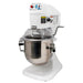 Globe SP08 8 qt white planetary mixer with stainless steel bowl, wire bowl guard and top control panel, front view