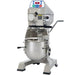 Globe SP10 10 qt grey planetary mixer with stainless steel bowl, wire bowl guard and digital controls, angled view