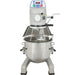 Globe SP20 20 qt planetary mixer with wire bowl guard raised and stainless steel bowl lowered, front view