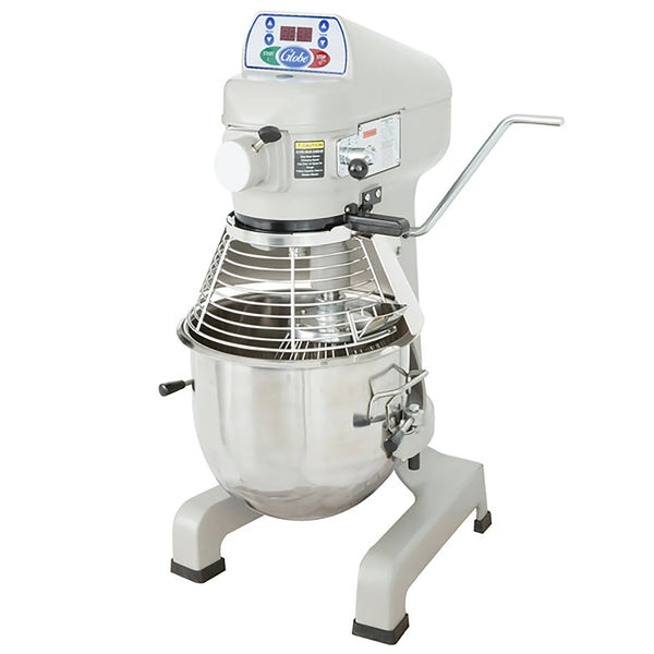 Globe SP20 20 qt light grey planetary mixer with stainless steel bowl and wire bowl guard, angled right view