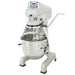 Globe SP20 20 qt light grey planetary mixer with stainless steel bowl and wire bowl guard, angled right view