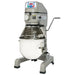 Globe SP25 25 qt grey planetary mixer with stainless steel bowl, wire guard and bowl lift handle, angled view