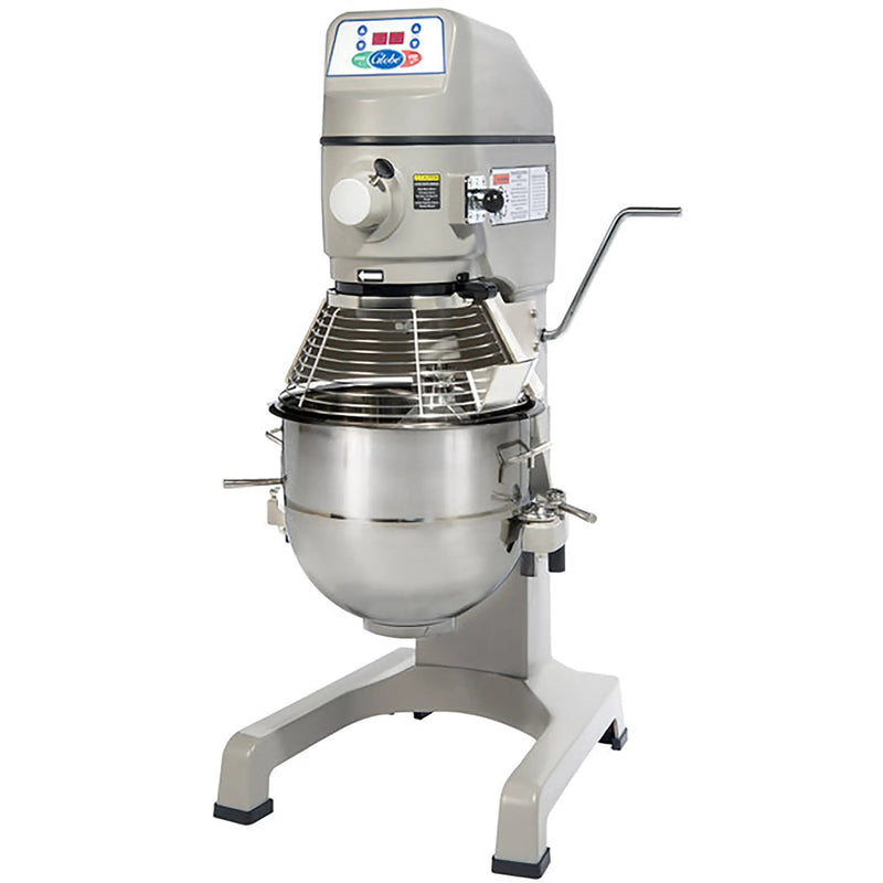 Globe SP30 30 qt grey floor planetary mixer with stainless steel bowl, wire guard and bowl lift lever, angled view